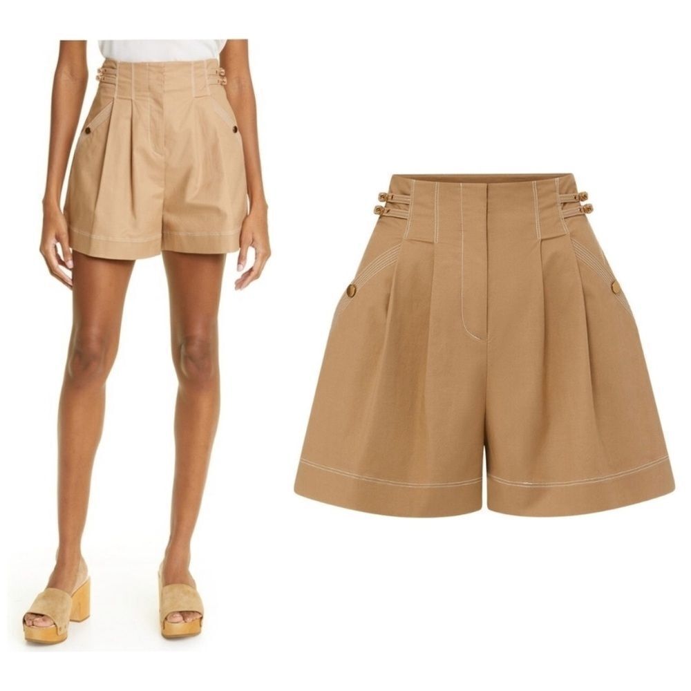 Veronica Beard Jaffe Buckled High Waisted Tailored Short in Khaki 14 MWT $385